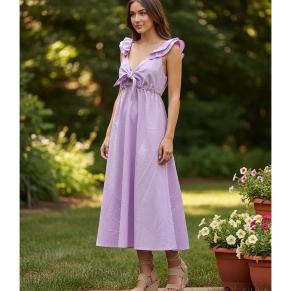 NWT Drew Lilac Purple Ruffle Sleeve Tie Front Midi Dress Womens Medium